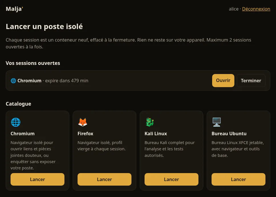 Le portail Malja' d'un client : une session Chromium ouverte et le catalogue Chromium, Firefox, Kali Linux et bureau Ubuntu.